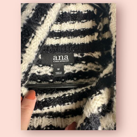 A.N.A. Womens Black White Stripe Turtle Neck Pullover Wool Sweater Medium Grunge - Picture 3 of 5